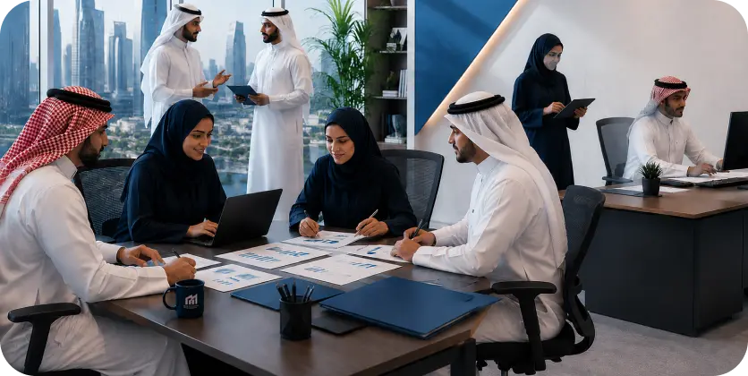 A diverse group of professionals in traditional Arab dress collaborate around a table with papers and laptops in a modern office, skyline visible through windows.