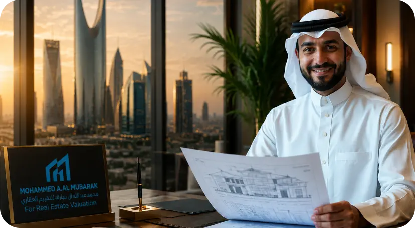Businessman in traditional attire sits at a desk with a blueprint, laptop showing real estate branding, and a skyline view outside the window.