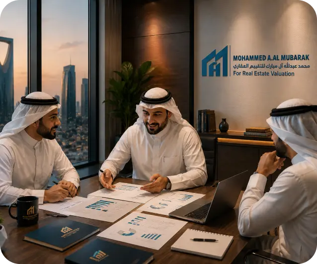 Three UAE men in traditional kanduras discuss charts at a meeting in a real estate valuation firm, with a city skyline outside and the company logo on the wall.