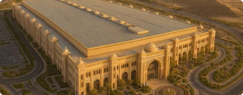Aerial view of a large beige architectural complex with arched entrances and ornate façade, surrounded by curved roads in a desert setting.