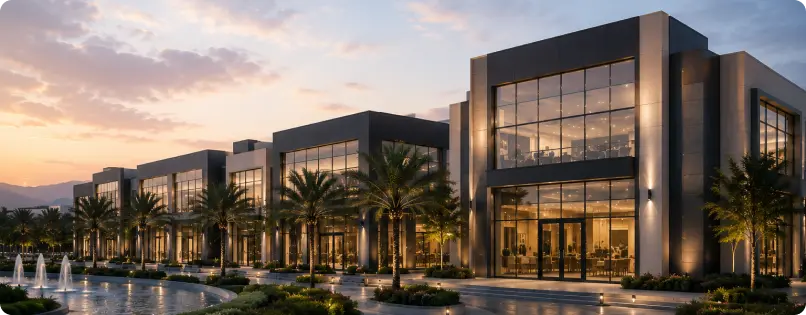 Modern glass-front corporate building at sunset with palm trees and a water feature in front (office park/hotel campus)