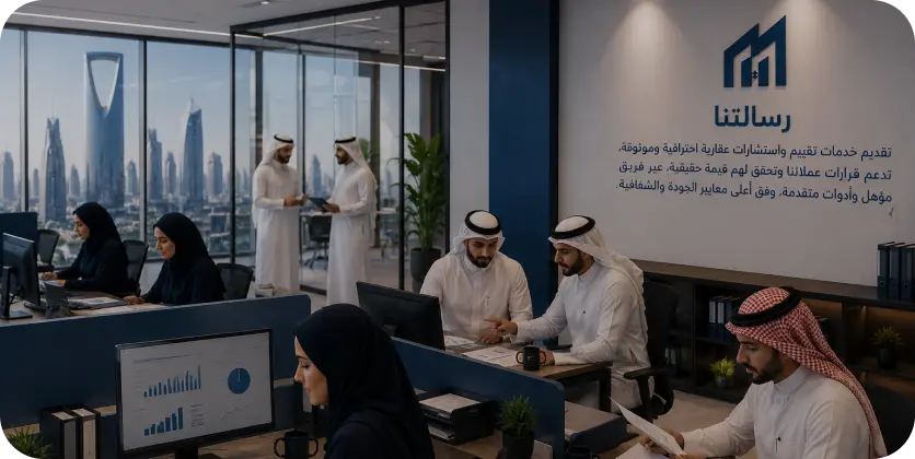 Open-plan office with several professionals at desks; two men in kanduras discuss at a table, others work nearby, city skyline visible through windows, Arabic company sign on the wall.