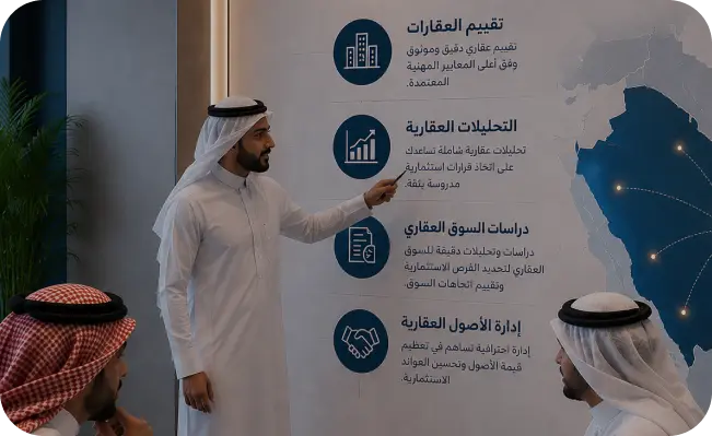 Man in a white thobe points to a tall Arabic infographic about real estate services on a wall, as two men watch.