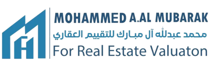Logo for Mohammed A. Al Mubarak — Real Estate Valuation, with blue geometric icon and Arabic text